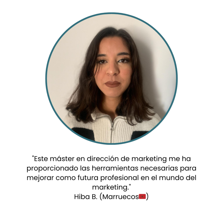 Imagen de una alumna con un testimonio de dicha alumno sobre el máster de dirección en marketing de la universidad de Cantabria