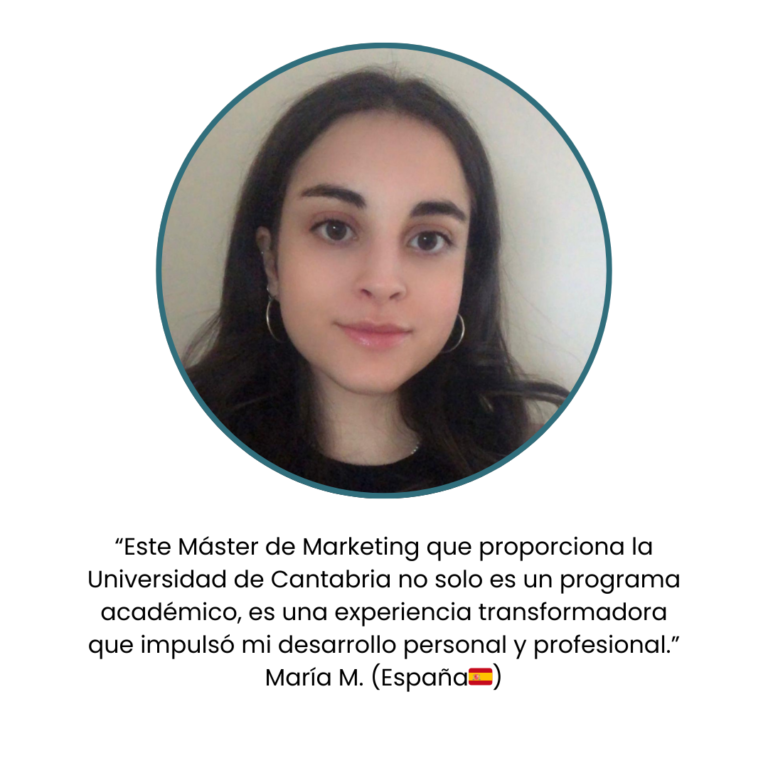 Imagen de una alumna con un testimonio de dicha alumna sobre el máster de dirección en marketing de la universidad de Cantabria