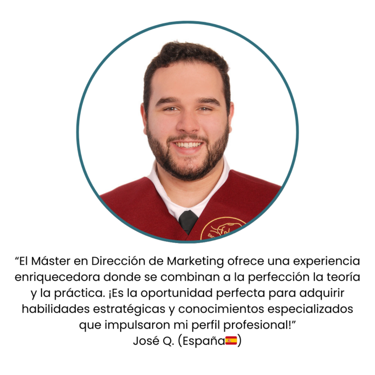 Imagen de un alumno con un testimonio de dicho alumno sobre el máster de dirección en marketing de la universidad de Cantabria